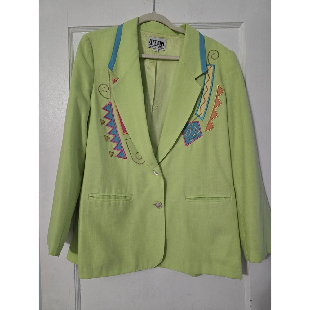 Vintage City‎ Girl Nancy Bolen Lime Green Geometric Embroidered Blazer Size 14
